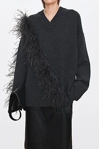 Hand-Fringed Ostrich Feather Oversized Sweater