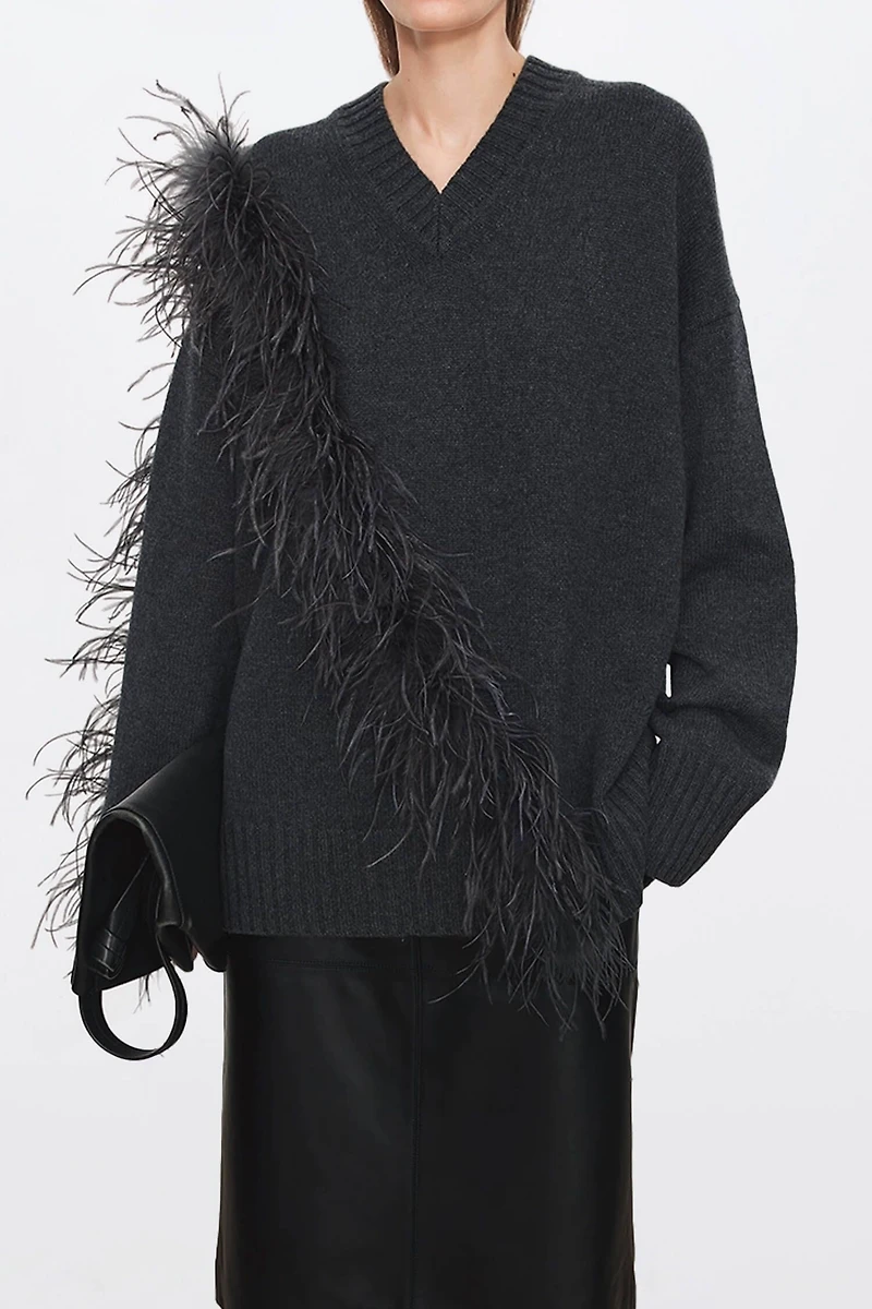 Hand-Fringed Ostrich Feather Oversized Sweater