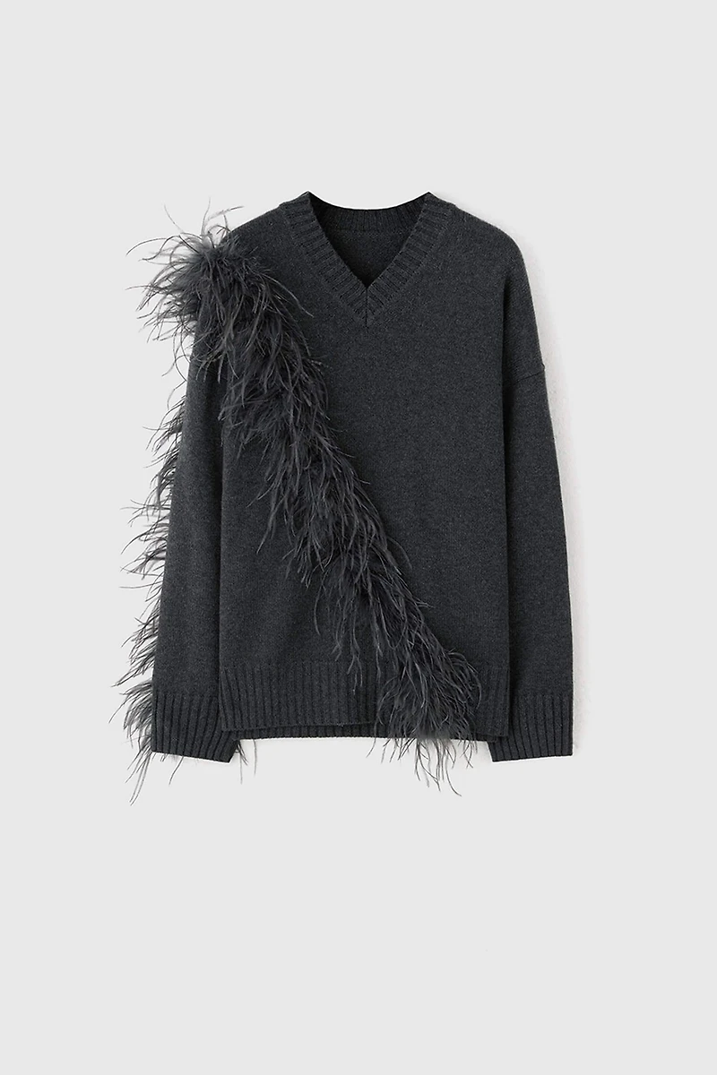 Hand-Fringed Ostrich Feather Oversized Sweater