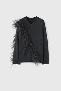 Hand-Fringed Ostrich Feather Oversized Sweater