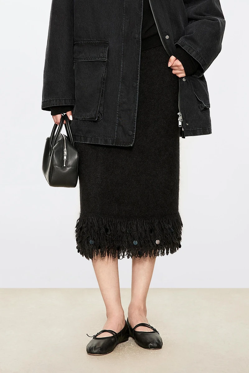 Handmade Sequin Tassel Mohair Wool Midi Skirt