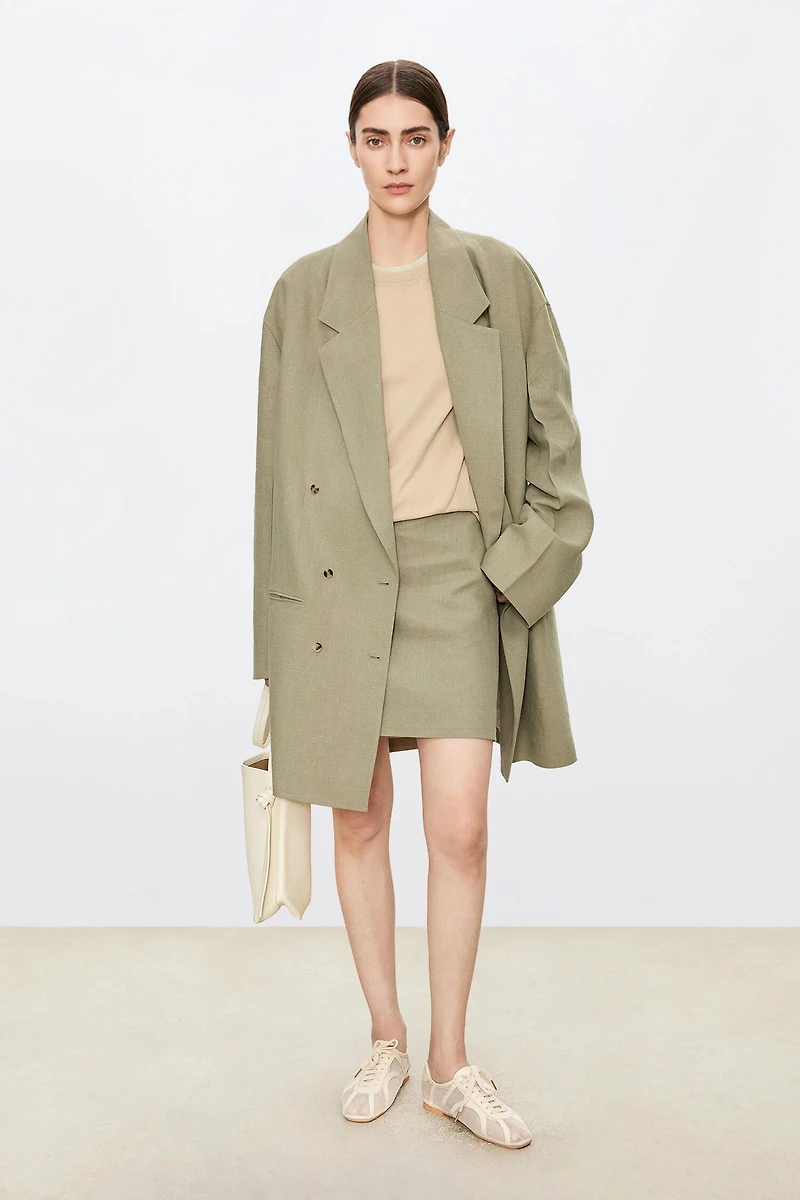 High-Density Pure Linen Oversized Mid-Length Blazer