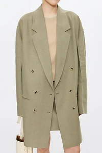 High-Density Pure Linen Oversized Mid-Length Blazer