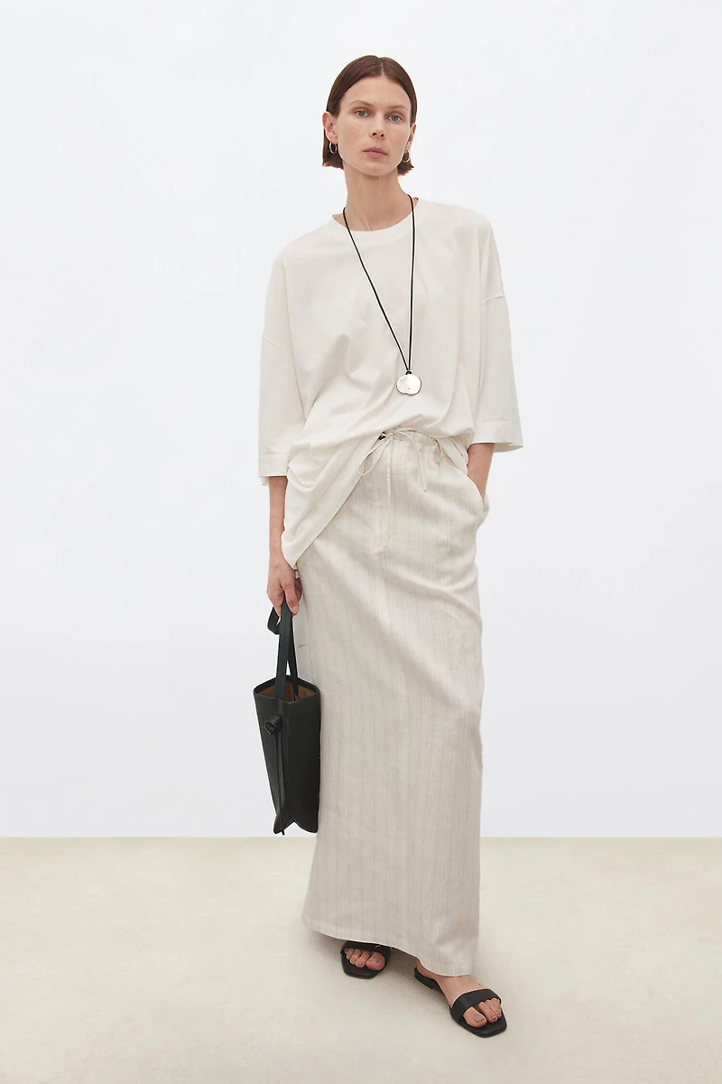 High-Density Linen Striped Midi Skirt