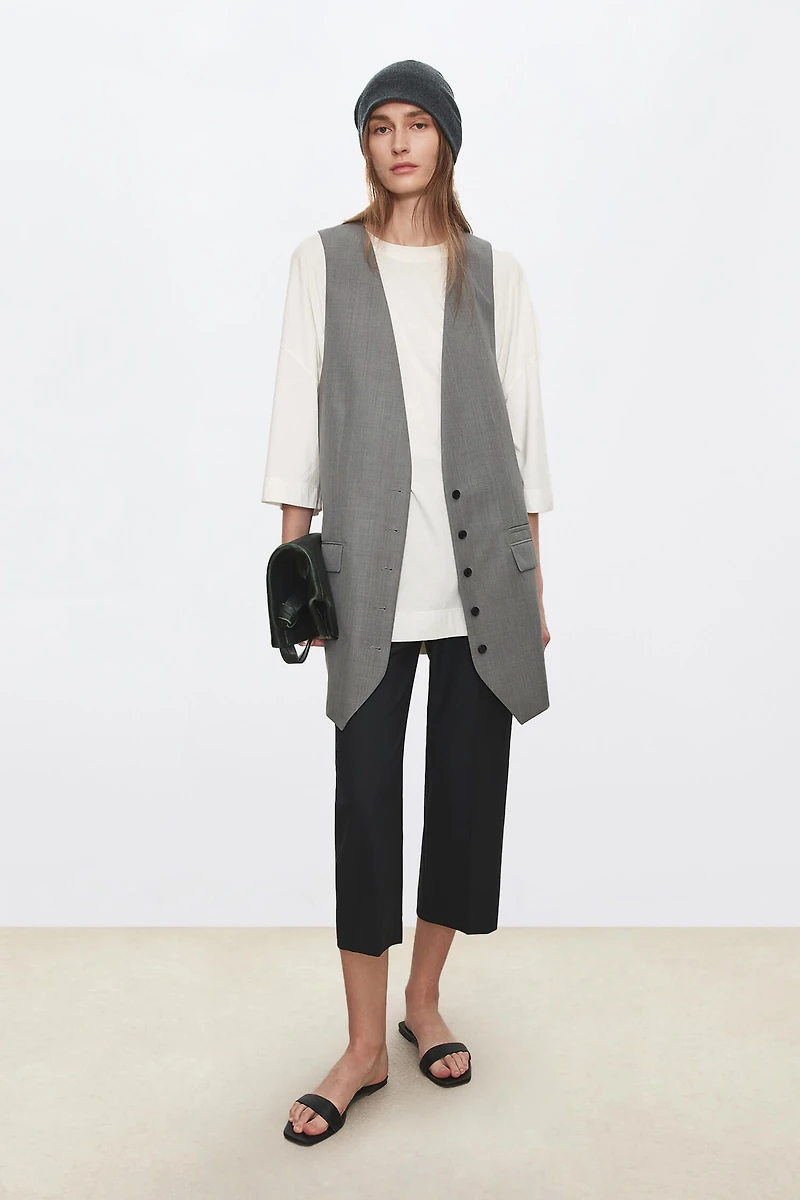 Italian Fine Wool Deep V-Neck Mid-Length Vest