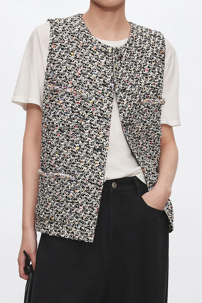 French Haute Couture Tweed Round-Neck Vest