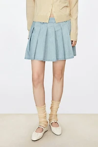 Italian Pure Cotton Denim Pleated Skirt