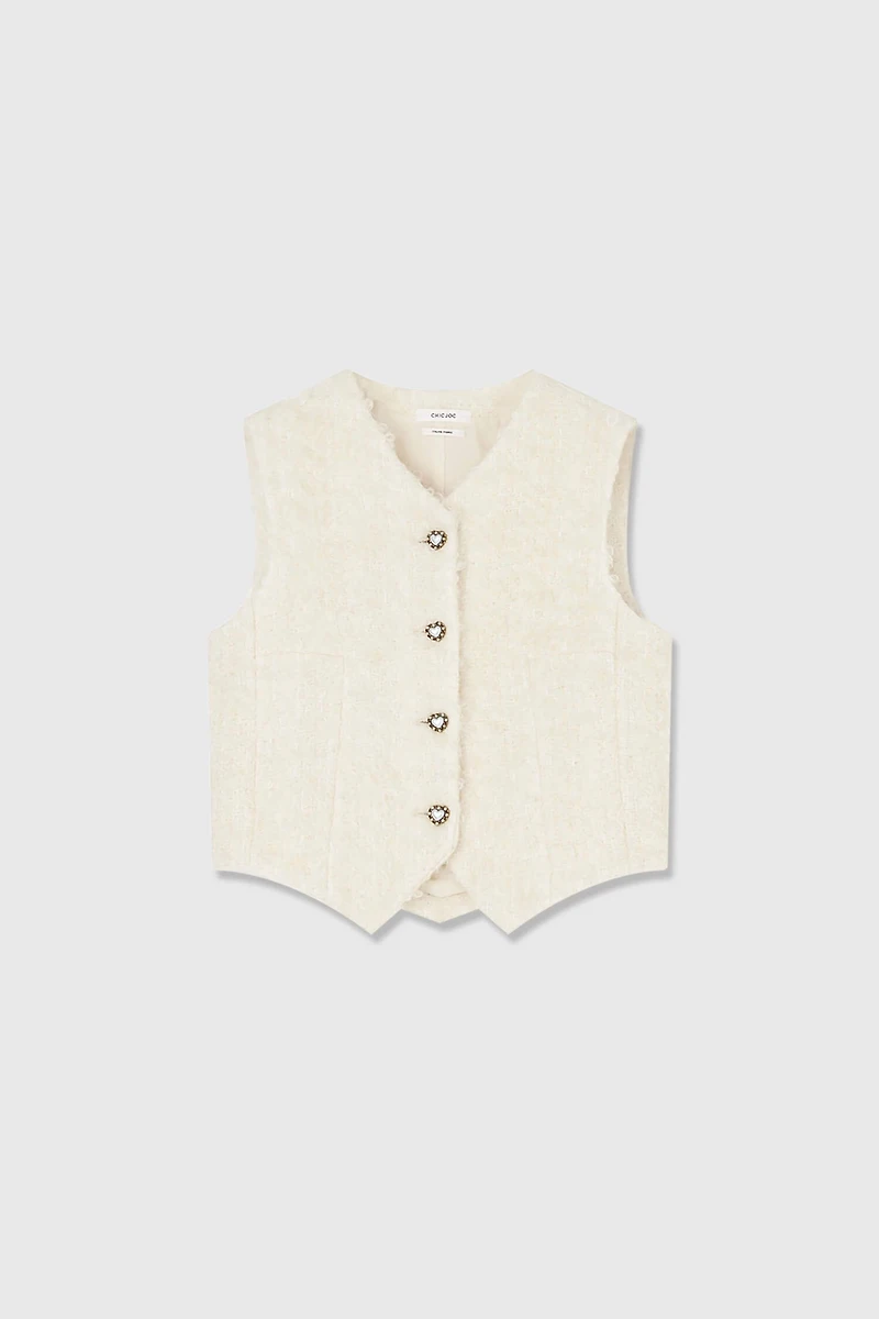 Italian Soft Tweed Heart-Shaped Collar Vest