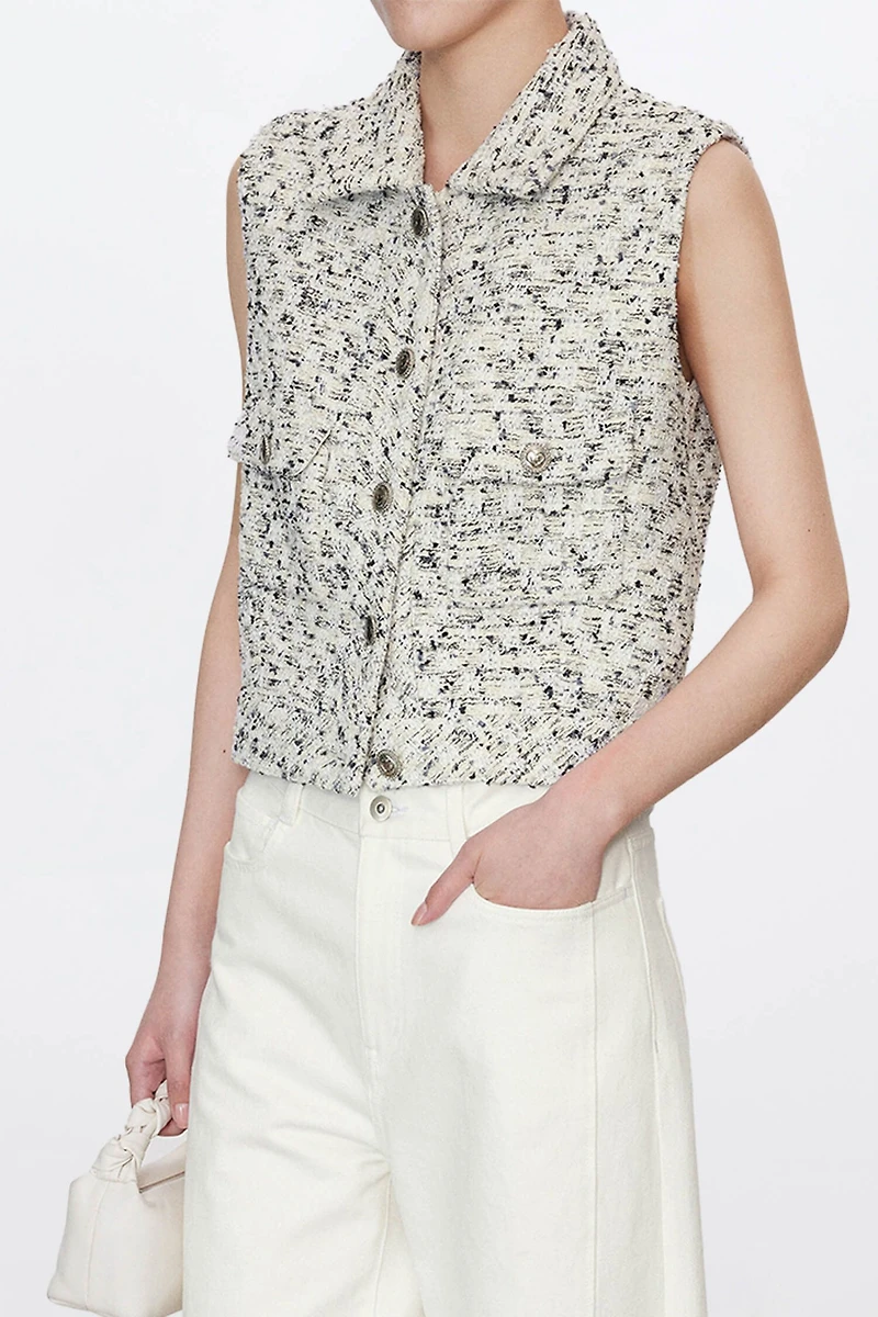 French LESAGE Tweed Collar Vest White