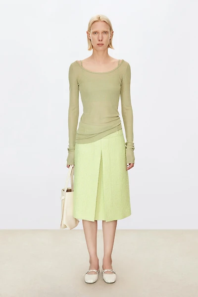 Italian Wool Blend Tweed Single Pleated Midi Skirt