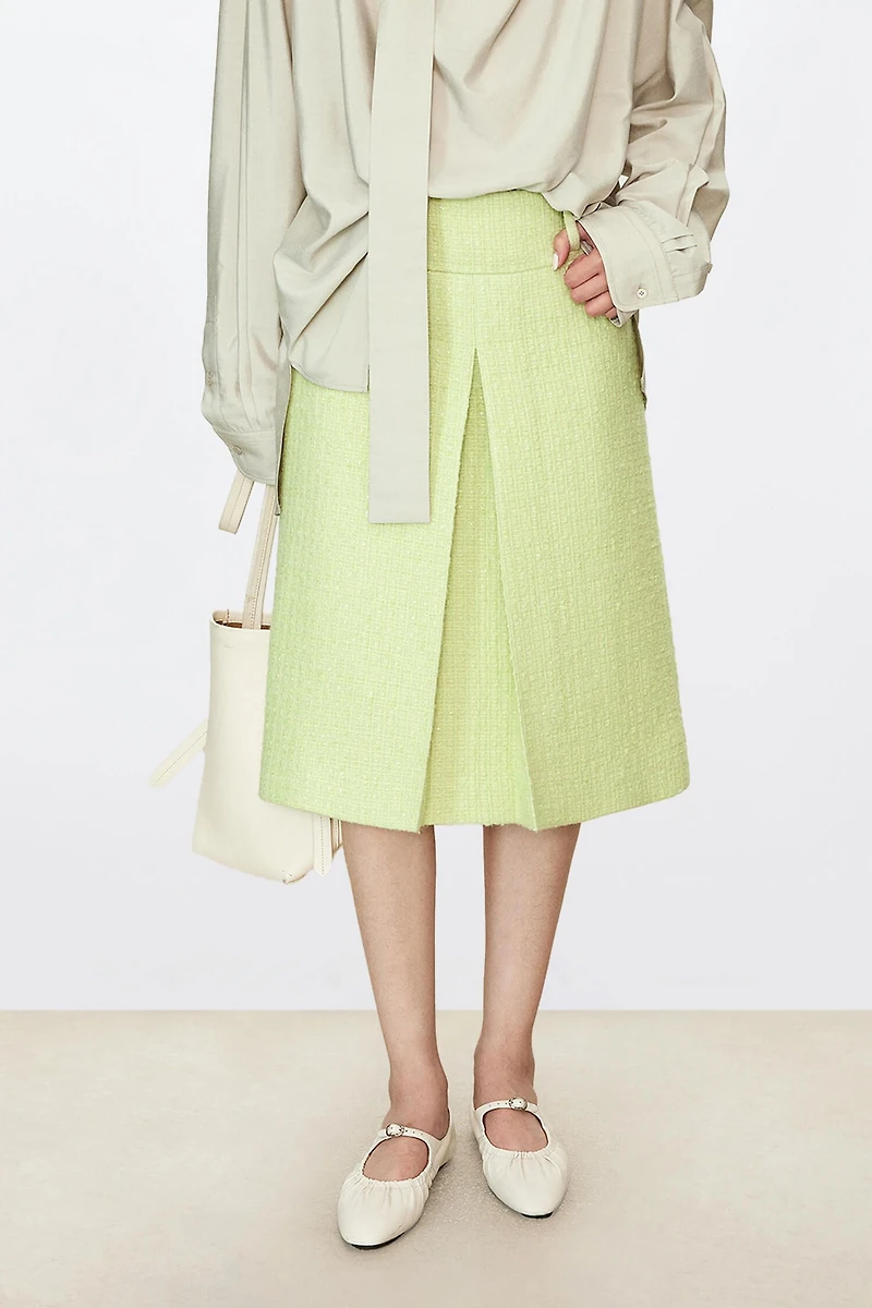 Italian Wool Blend Tweed Single Pleated Midi Skirt