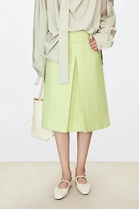 Italian Wool Blend Tweed Single Pleated Midi Skirt