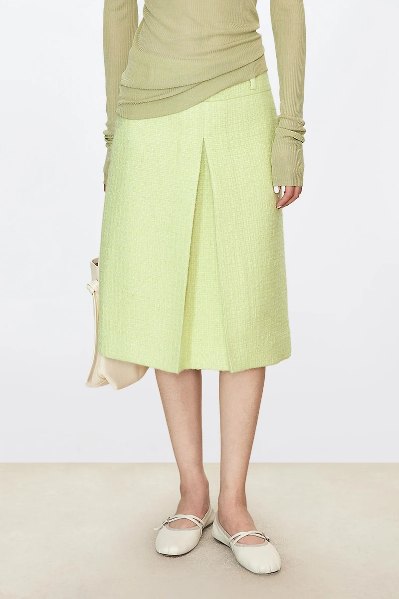 Italian Wool Blend Tweed Single Pleated Midi Skirt