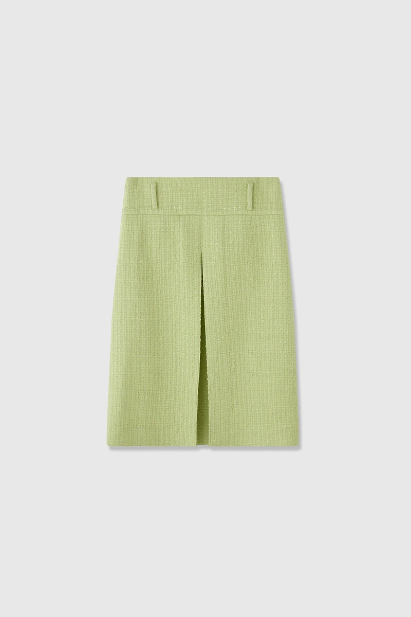 Italian Wool Blend Tweed Single Pleated Midi Skirt