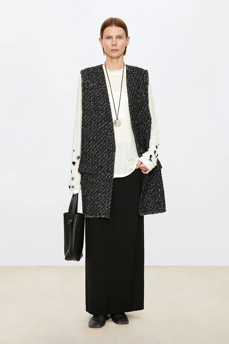 Italian Wool Tweed V-Neck Vest Black