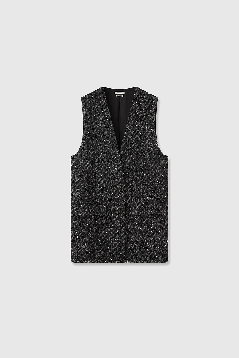Italian Wool Tweed V-Neck Vest Black