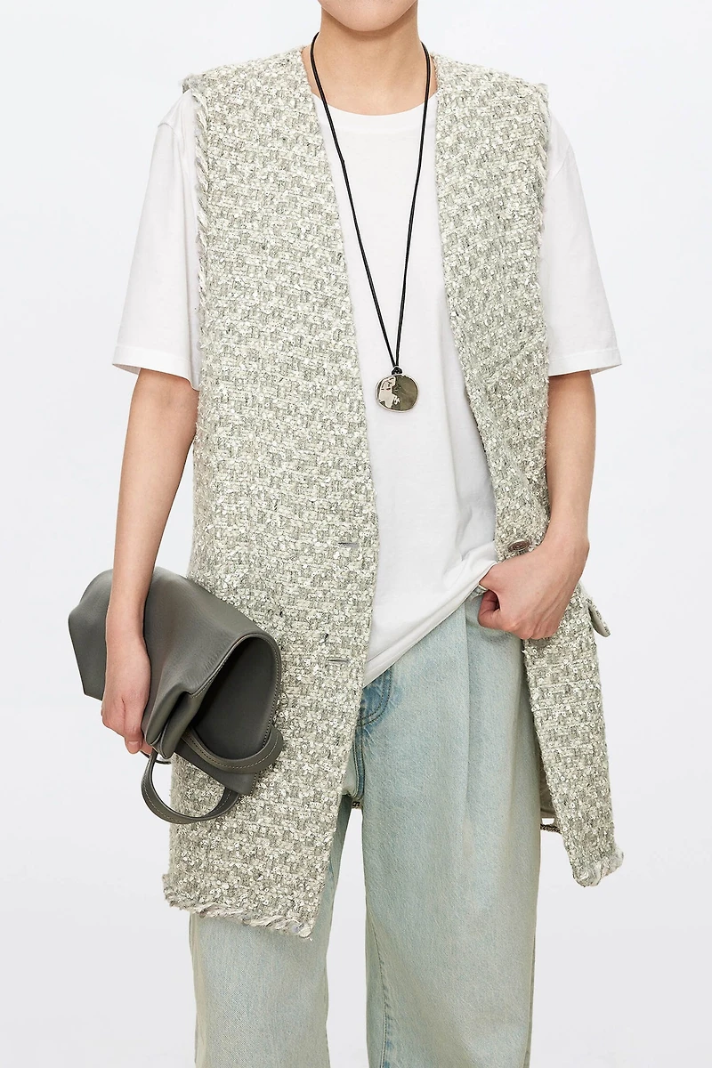 Italian Wool Tweed V-Neck Vest Glacier Grey
