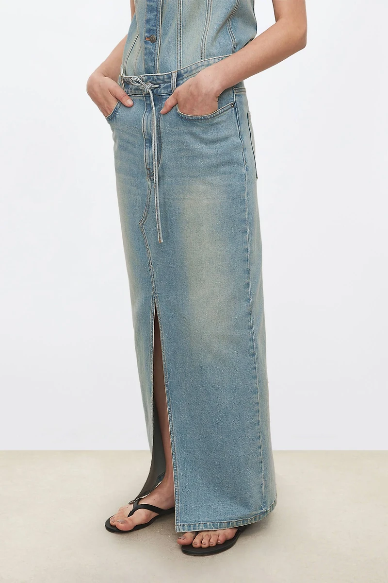 Italian Stretch Denim Front-Slit Skirt