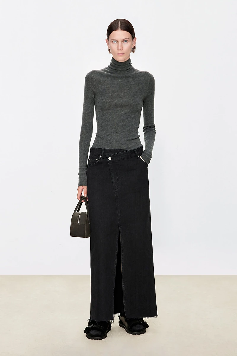High-Slit Asymmetric Pima Cotton Denim Skirt