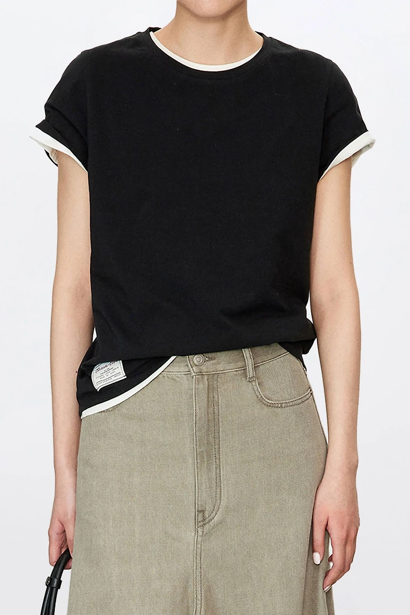 Japanese Elastic Knit Cotton Round Neck Short Sleeve Top
