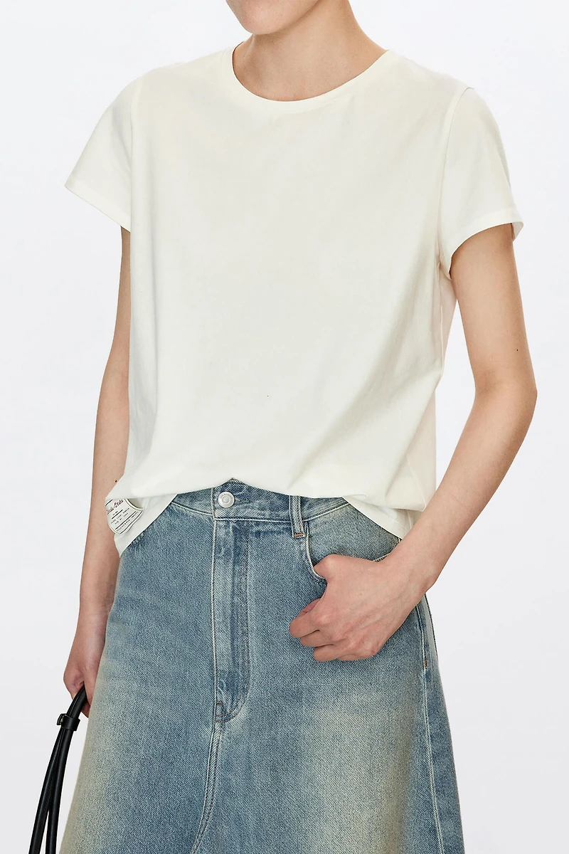 Japanese Elastic Knit Cotton Round Neck Short Sleeve Top