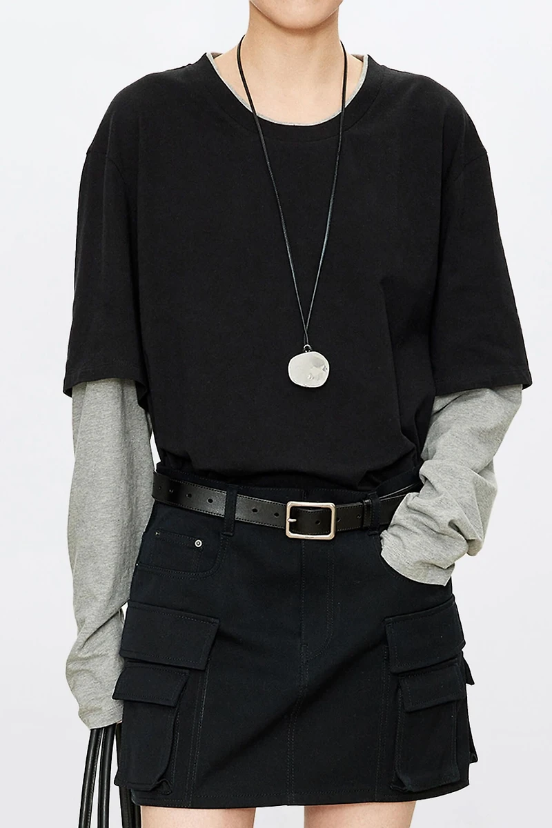 Japanese High-Density Pure Cotton Faux Two-Piece Long Sleeve Top