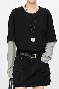 Japanese High-Density Pure Cotton Faux Two-Piece Long Sleeve Top