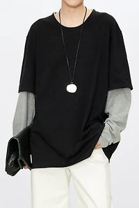 Japanese High-Density Pure Cotton Faux Two-Piece Long Sleeve Top