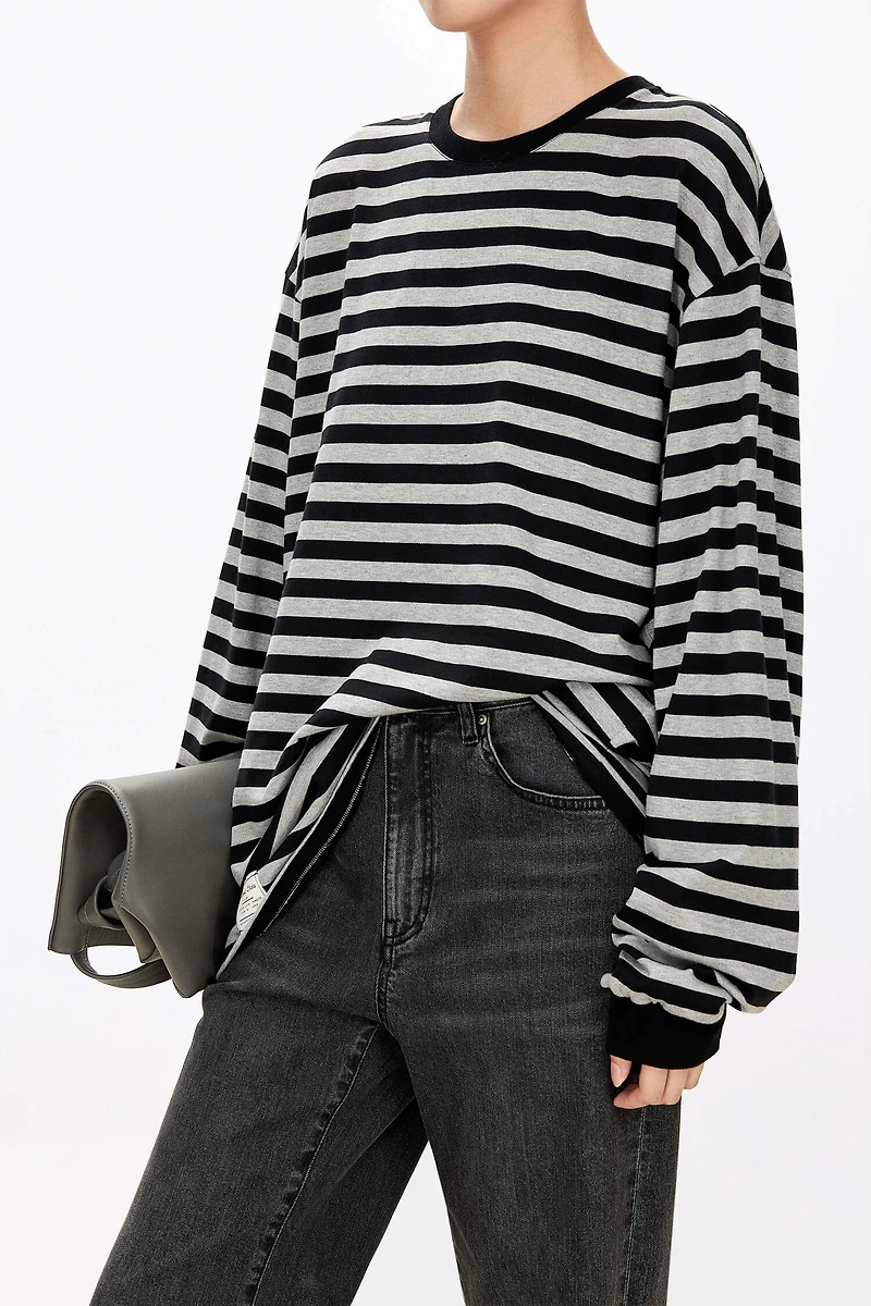 Japanese Knitted Cotton Striped Long-Sleeved T-Shirt