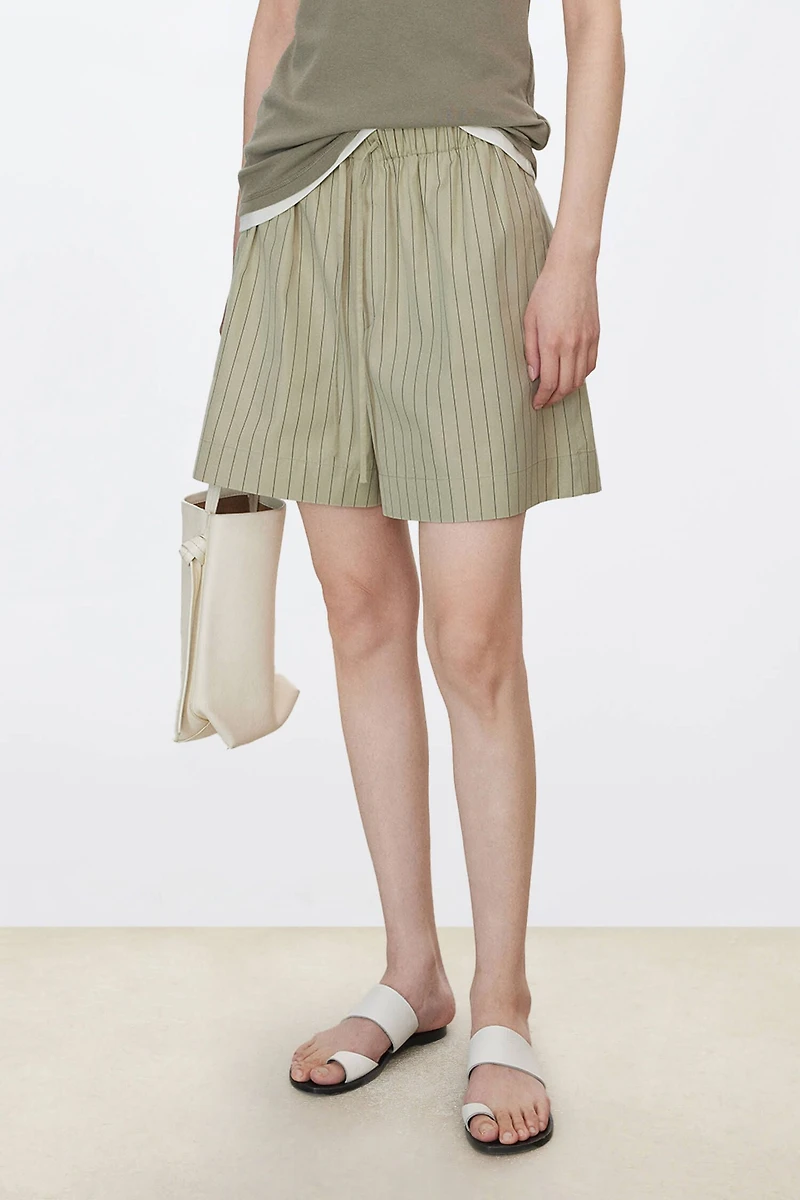Long Staple Cotton Poplin Striped Elastic Waist Shorts