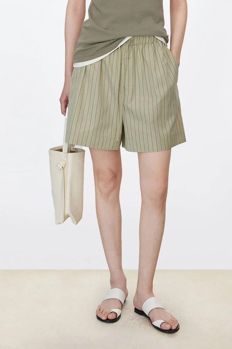 Long Staple Cotton Poplin Striped Elastic Waist Shorts