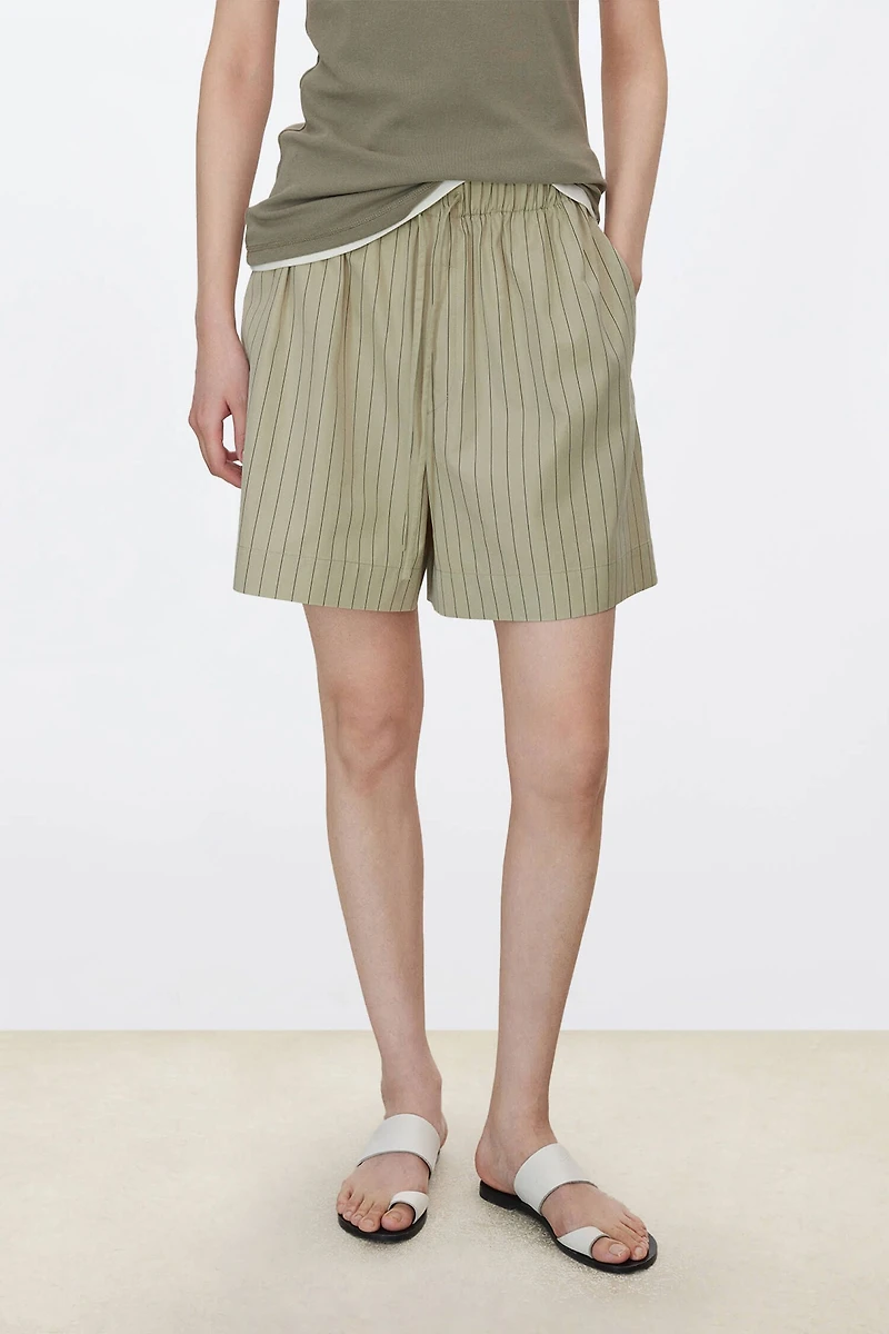 Long Staple Cotton Poplin Striped Elastic Waist Shorts