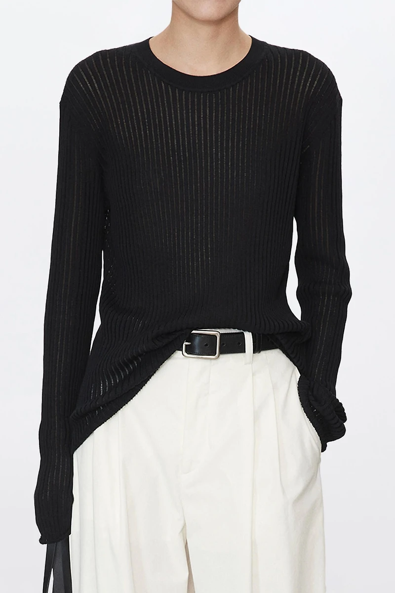 Long Staple Cotton Vertical Stripe Round Neck Base Top