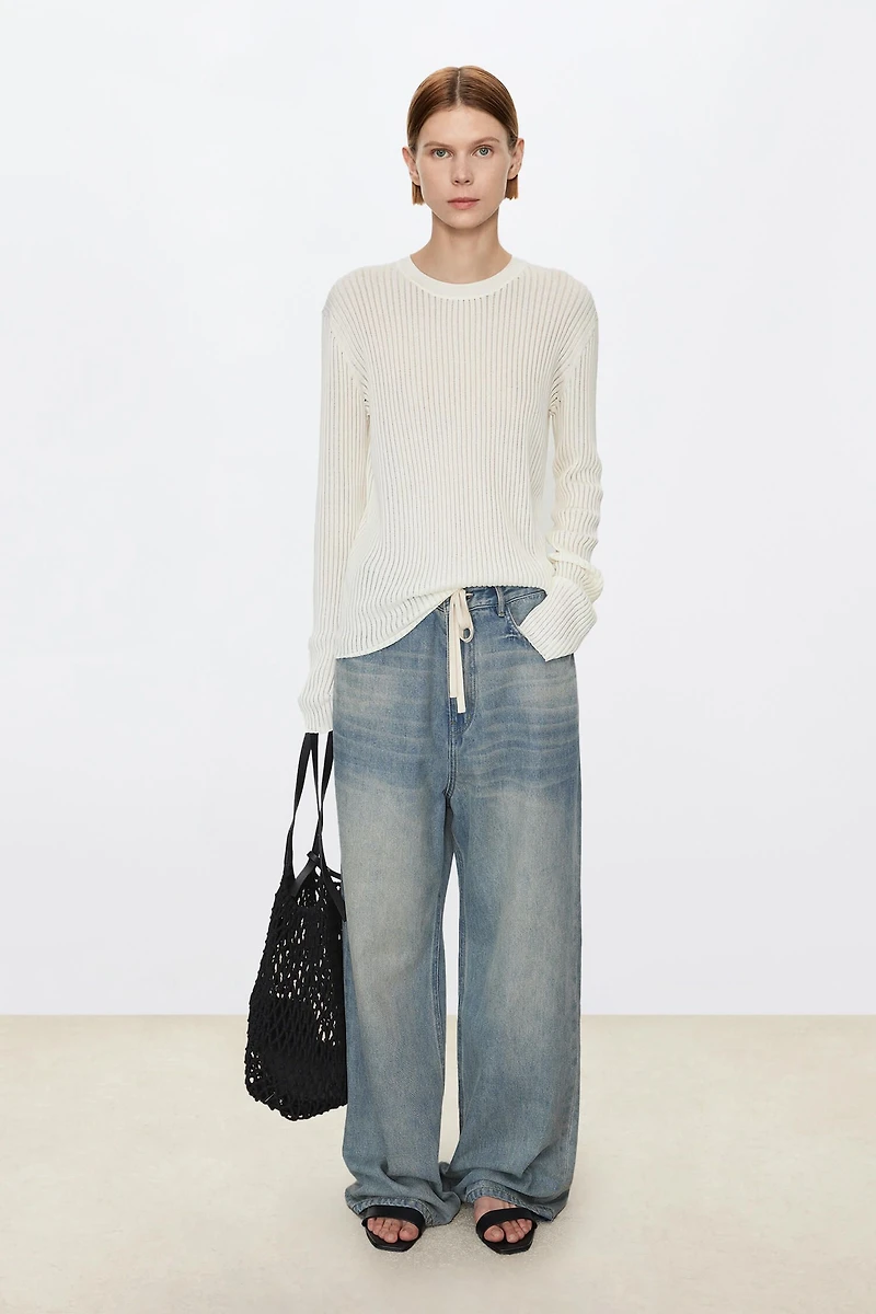 Long Staple Cotton Vertical Stripe Round Neck Base Top
