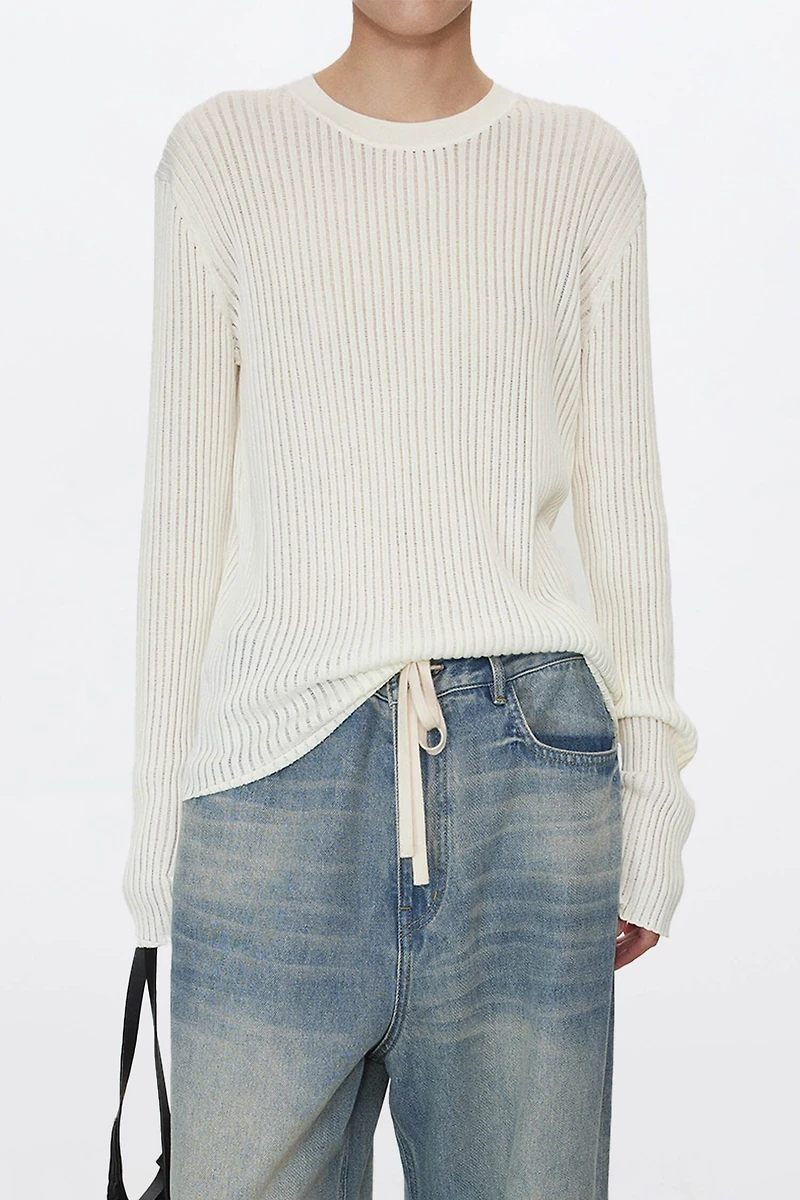 Long Staple Cotton Vertical Stripe Round Neck Base Top