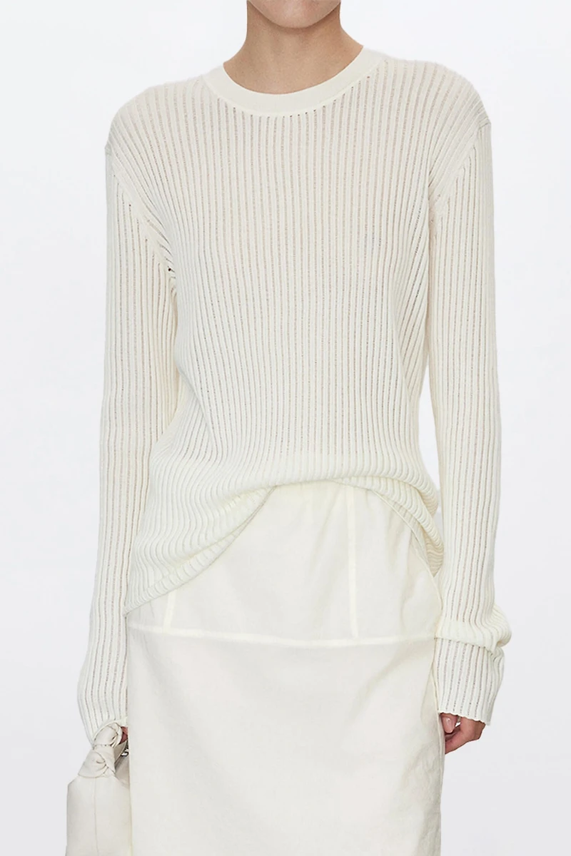 Long Staple Cotton Vertical Stripe Round Neck Base Top