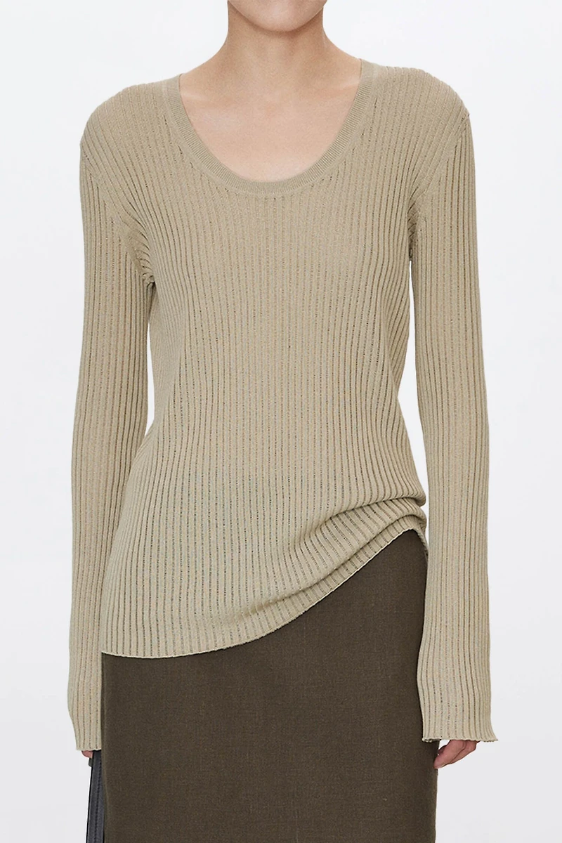 Long Staple Cotton Vertical Stripe U-Neck Base Top