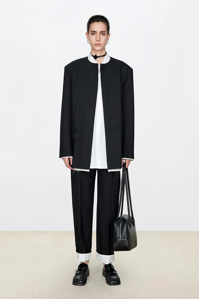 MARZOTTO Contrast-Color Raw Edge Round Neck Blazer