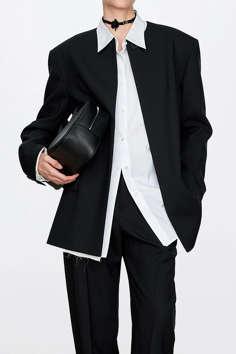 MARZOTTO Contrast-Color Raw Edge Round Neck Blazer