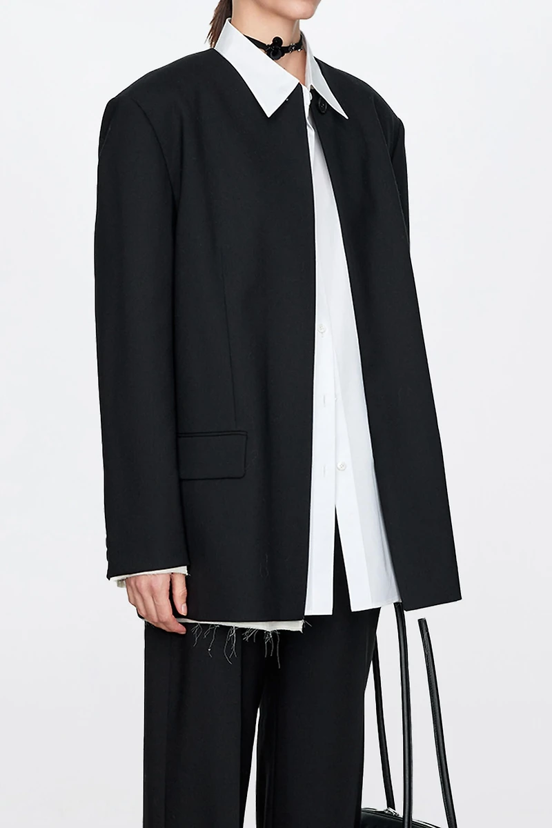 MARZOTTO Contrast-Color Raw Edge Round Neck Blazer