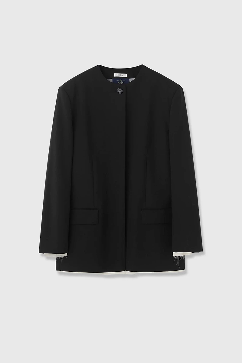 MARZOTTO Contrast-Color Raw Edge Round Neck Blazer