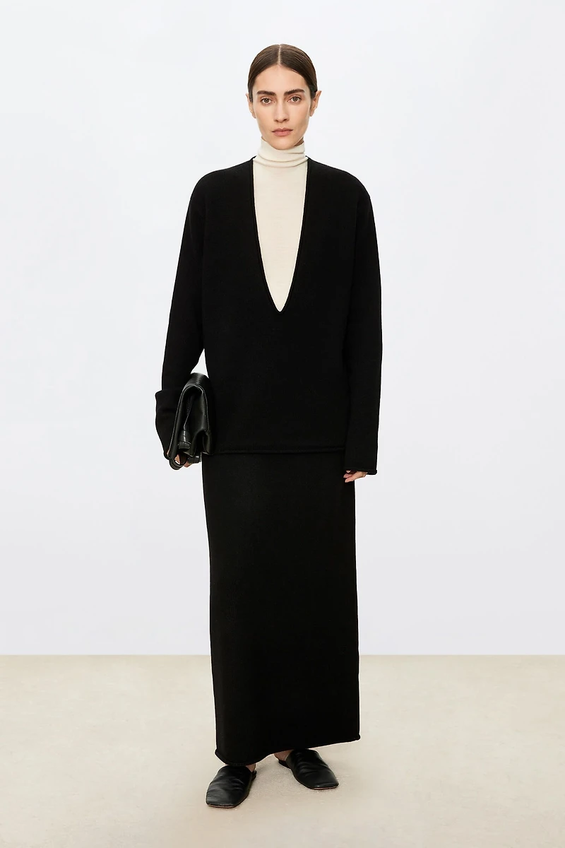 Pure Cashmere Deep V-Neck Sweater with Rolled Edges