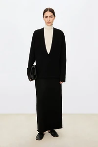 Pure Cashmere Deep V-Neck Sweater with Rolled Edges