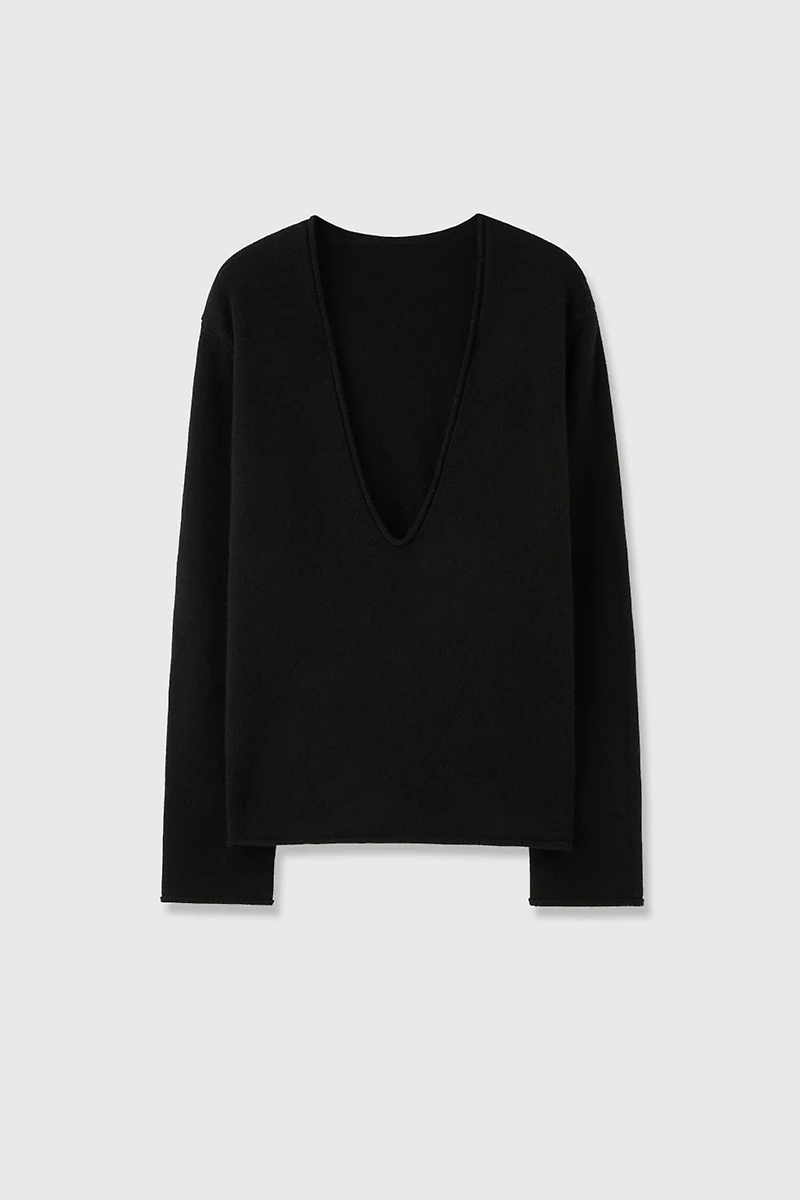 Pure Cashmere Deep V-Neck Sweater with Rolled Edges