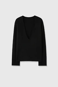 Pure Cashmere Deep V-Neck Sweater with Rolled Edges