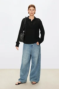 Pure Cotton Hollow Long Sleeve Polo Shirt