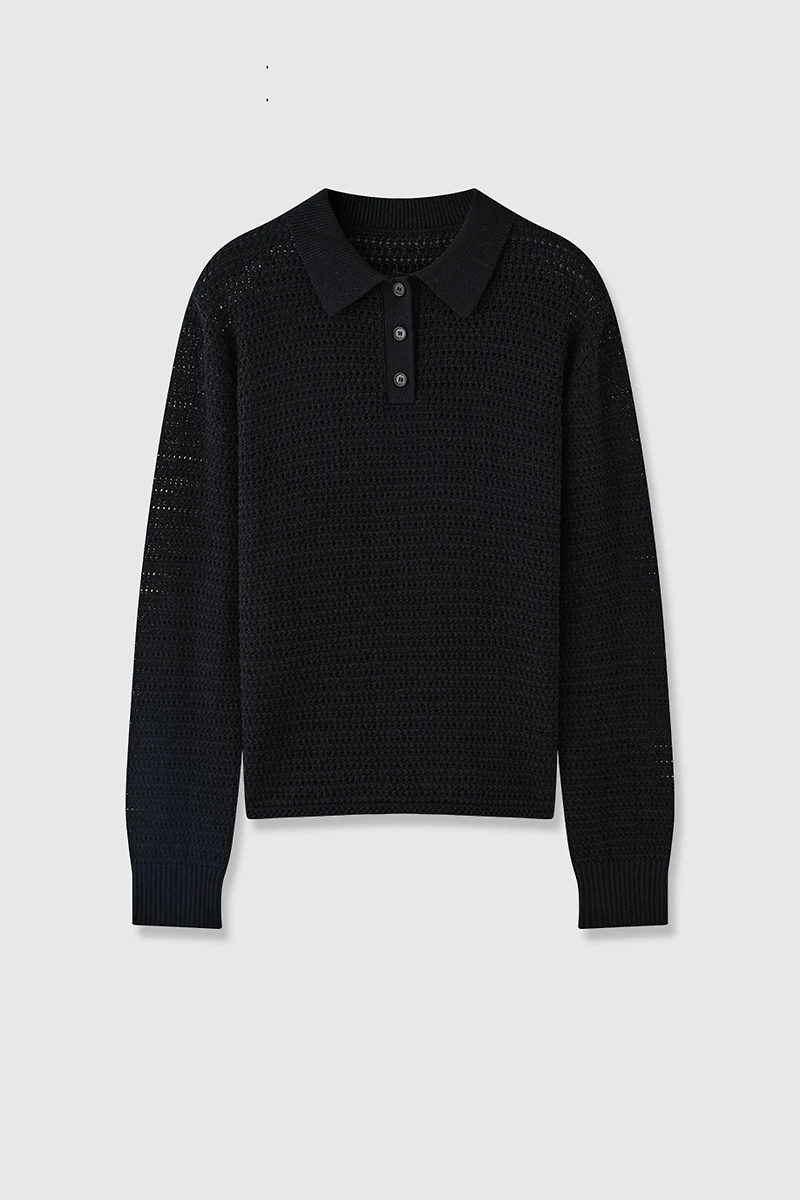 Pure Cotton Hollow Long Sleeve Polo Shirt