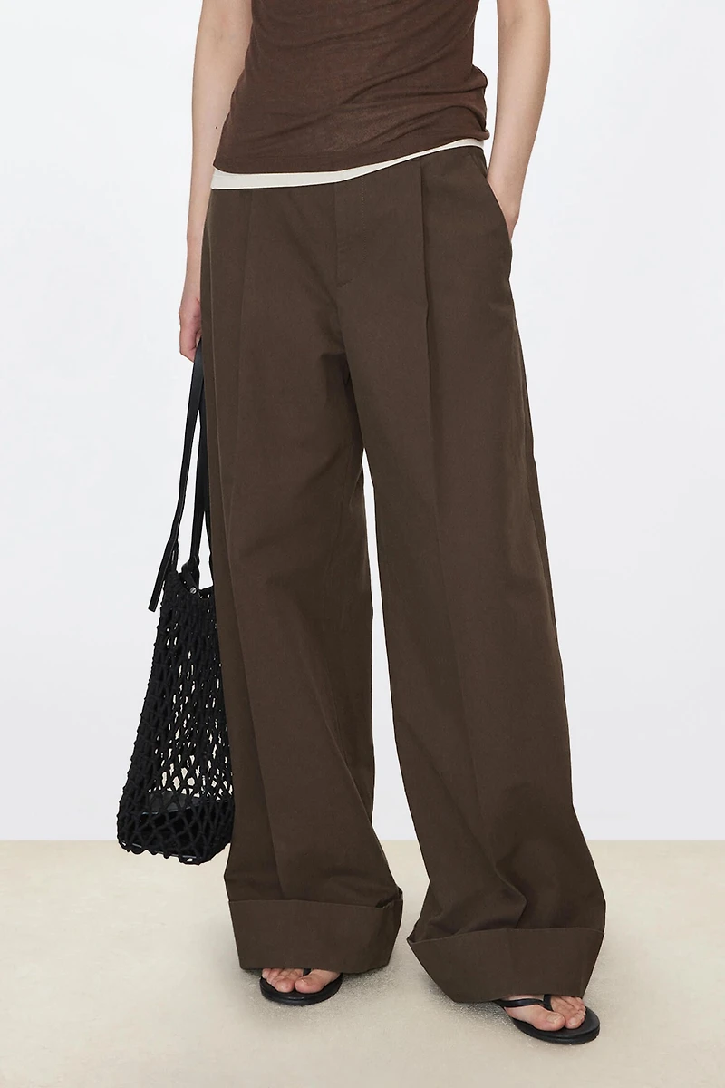 Pure Cotton Single Pleat Wide-Leg Trousers