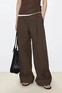Pure Cotton Single Pleat Wide-Leg Trousers
