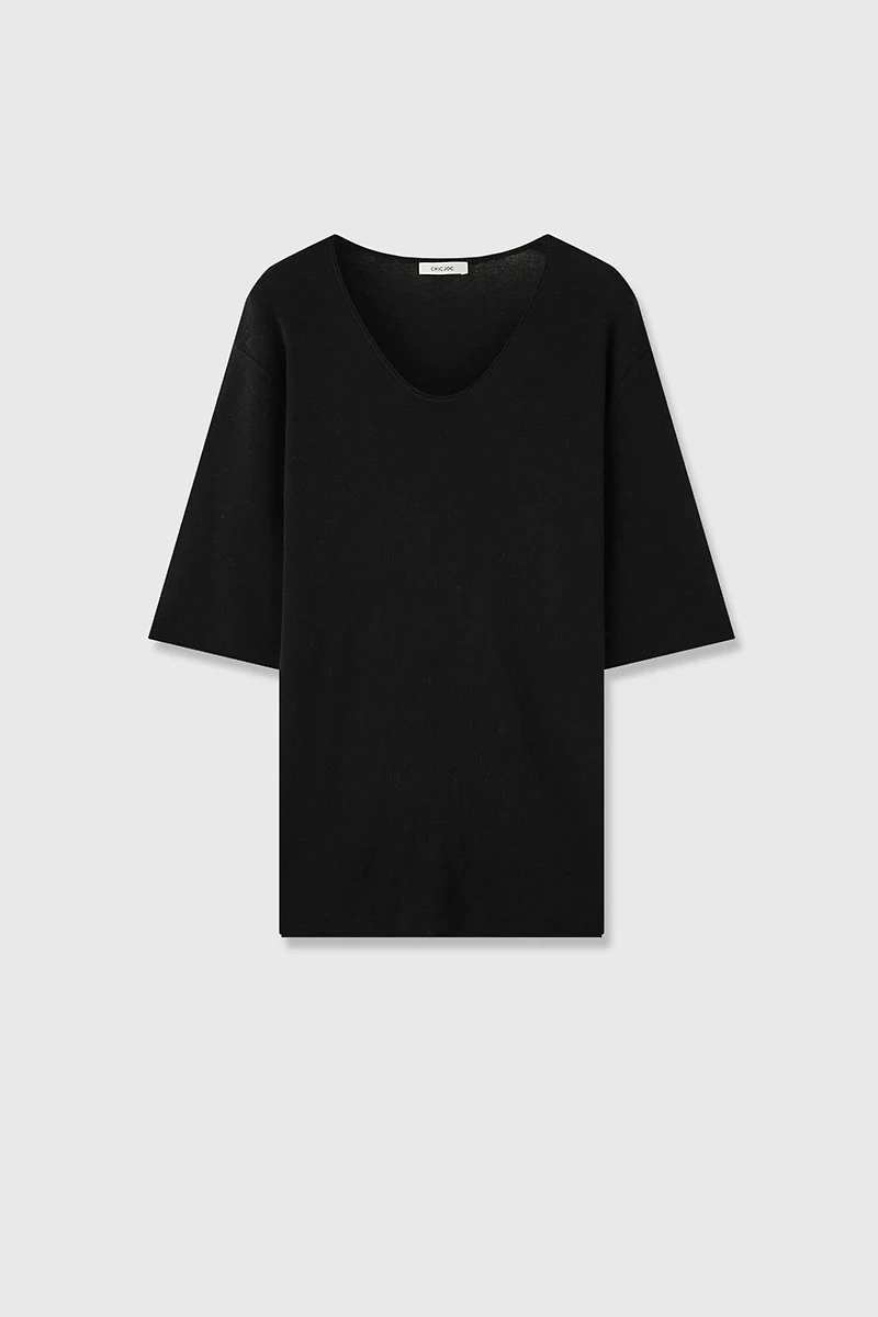 Pure Wool Short-Sleeve Top with Natural Rolled Hem